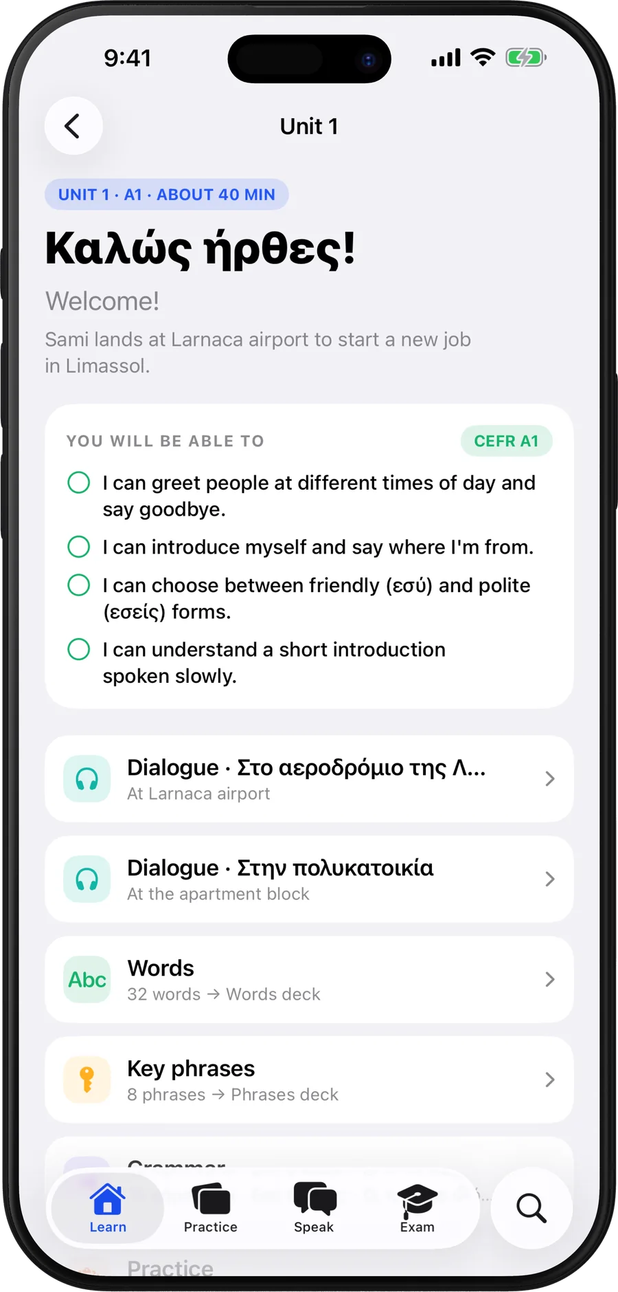 Unit 1, Welcome!: what you will be able to do by the end, two dialogues and the unit's words.